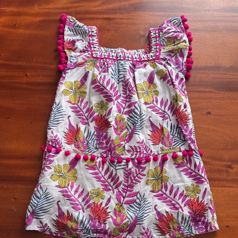 Roberta Roller Rabbit size 4 Tropical Floral Kids Blouse with Pink Pom-Pom dress